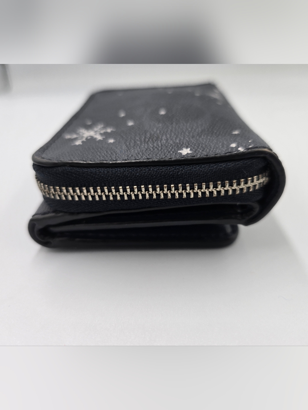 COACH Navy Blue Signature Snowflake Compact Trifold Wallet with Silver Logo - Picture 7 of 15